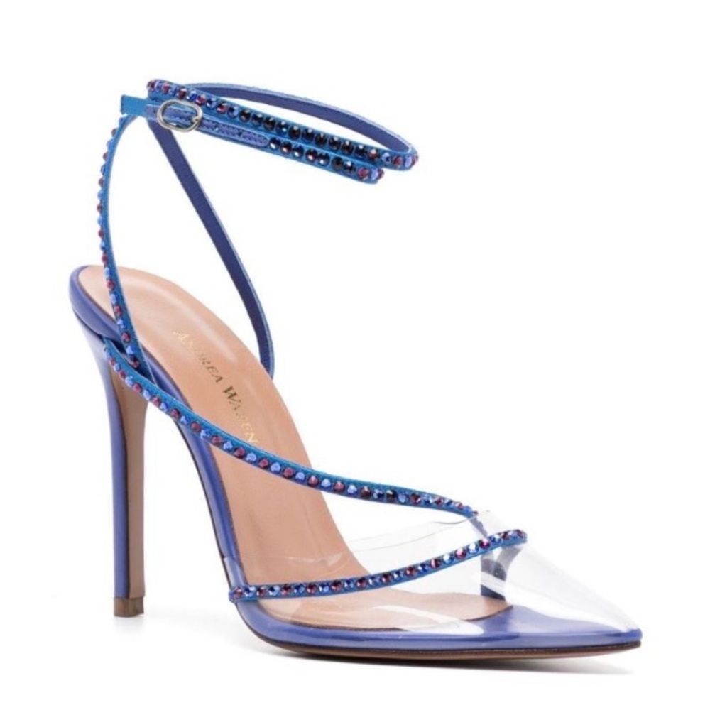 Blue Crystal-Trim Ankle Strap Pointed Sandal
